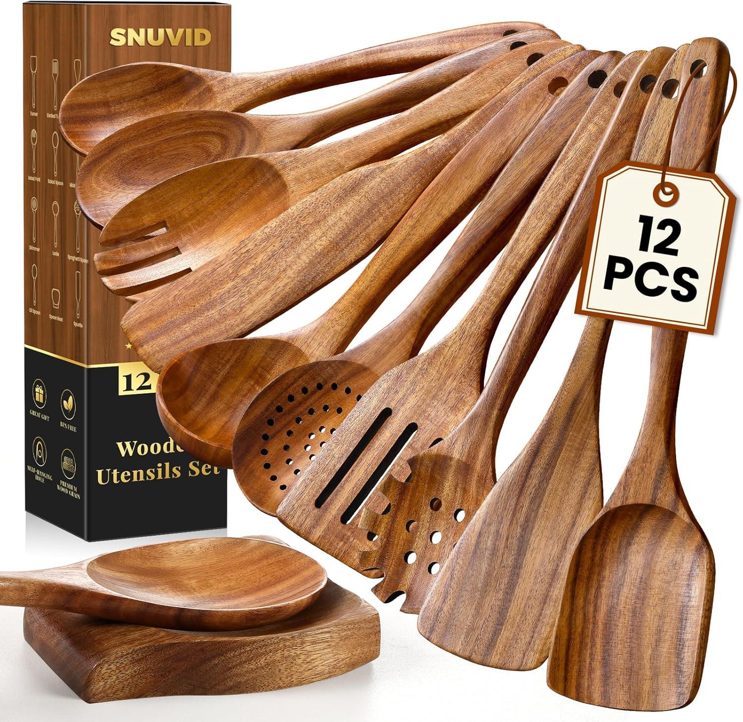 Best Utensil Set – Wooden Spoons for Cooking, 12 Pcs Teak Wood Kitchen Utensils Set with Spoon Rest Review