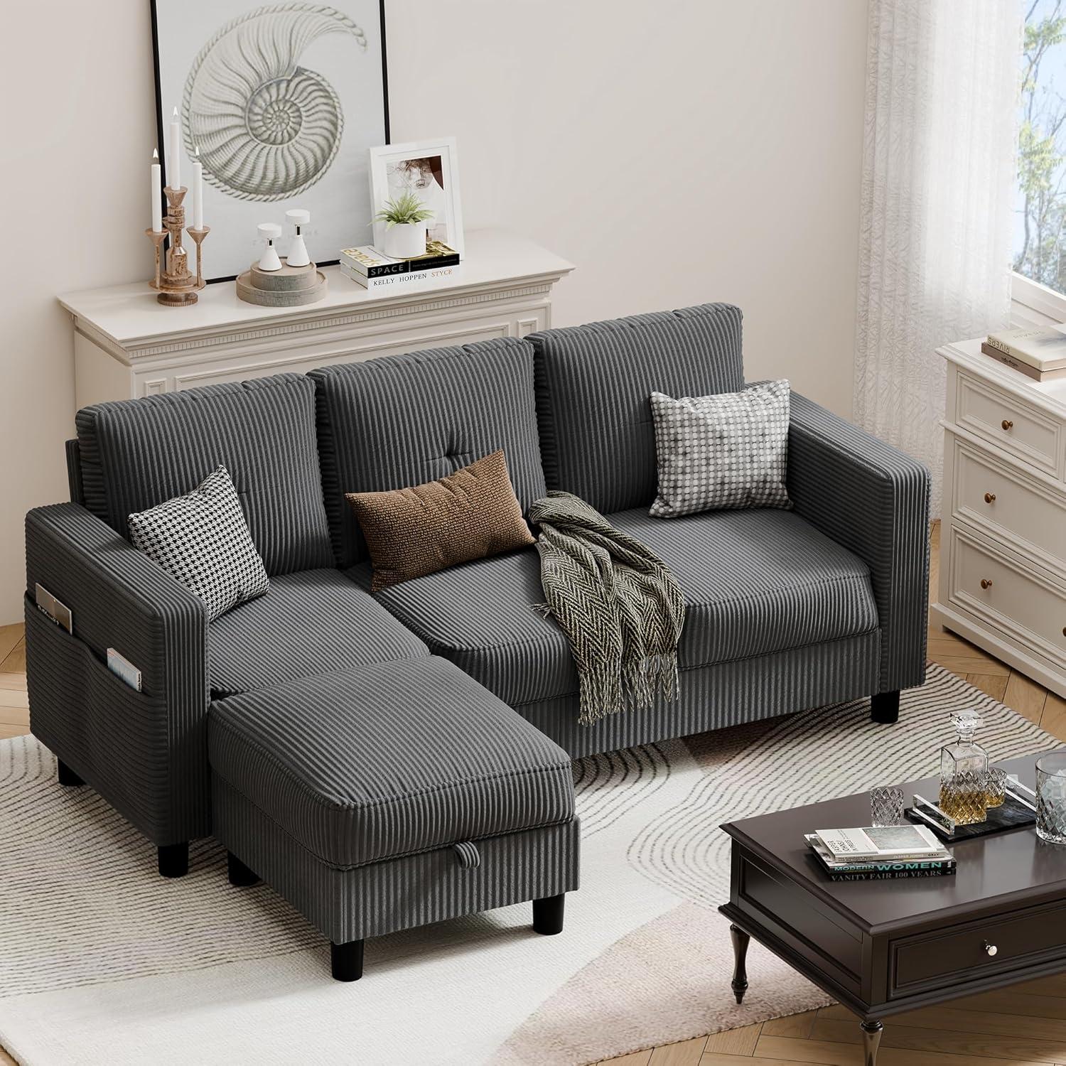Best Sectional Sofa – JAMFLY Convertible Sectional Couches for Living Room, L-Shaped Couch 3 Seat Sectional Sofa Set with Corduroy Fabric and Movable Ottoman Small Couch for Apartments, Office（Dark Grey） Review